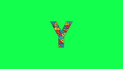 Letter Y. Animated unique font made of circles and triangles, polygons. Bauhaus geometric mosaic style. Bright colors. Letter Y for icons, logos, interface elements. Green chromakey background, 4K
