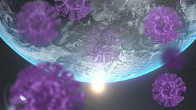 Multiple purple covid-19 cells floating over spinning globe against black background. coronavirus covid-19 pandemic concept - Powered by Shutterstock - Get 15% off with code: PIKWIZARD15