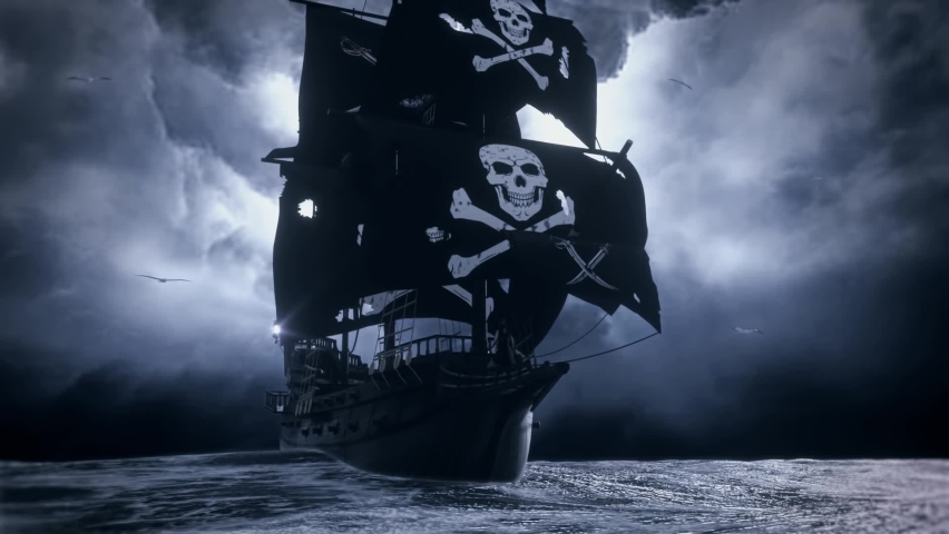 3D Jolly Roger Pirate Galleon in the middle of A Rough Sea - Loop Landscape Background | Shutterstock HD Video #1077950858