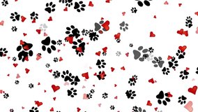 flying abstract paw prints and red hearts - white transparent pets background, dog and cat overlay - 25 fps