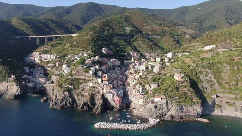 Aerial view of Riomaggiore village, part of Cinque Terre, Italy, Europe