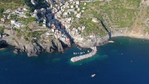 Aerial view of Riomaggiore village, part of Cinque Terre, Italy, Europe