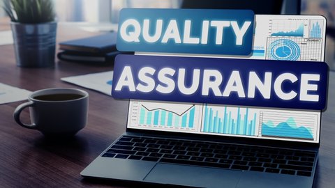 Quality Assurance and Quality Control conceptual - Modern graphic interface showing certified standard process, product warranty and quality improvement technology for satisfaction of customer.