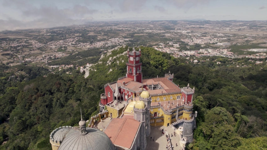 Hilltop National Palace of Pena, landmark Jewel of Sintra, Portugal. Aerial view