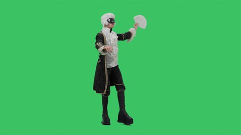 Portrait of courtier gentleman in black historical vintage suit, white wig and the mask bowing and curtsy. Young man posing in studio with green screen background. Full lenght. Slow motion.