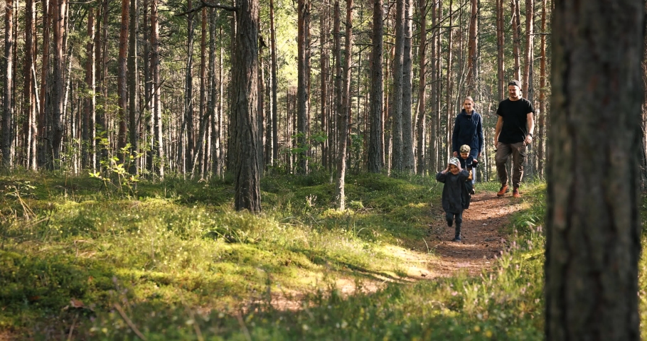 happy young family enjoying walk in forest. running children Royalty-Free Stock Footage #1077962591
