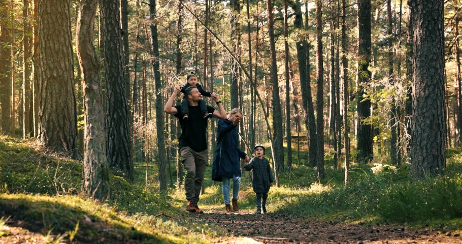 active young family walks on the forest trail with children. son sitting on dad shoulders Royalty-Free Stock Footage #1077962600