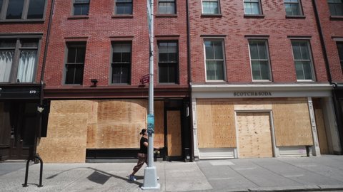 NEW YORK, USA – JUNE 4: Stores around Union Square, which are boarded up for prevention from mob violence of George Floyd death during the Pandemic of COVID-19 at New York NY on June 04 2020.

