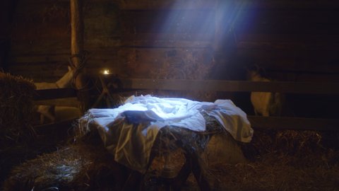 Nativity scene illuminated manger covered with white sheet located in dark inn stable on day of Jesus Christ birth in Bethlehem