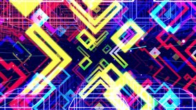 Motion graphic, camera fly in art space or tunnel with neon light. Modern motion design vj loop, flying through art space of glow rectangles, spheres, lines and wireframes, rainbow gradient color.
