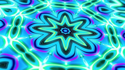 Kaleidoscopic structure with neon flash lights. Pattern like symmetrical radial ornament on blue plane like light bulbs or garland of lines. 4k abstract looped bg with flashing lines. Luma matte
