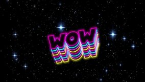 Digital animation of neon wow text with shadow effect against shining stars on black background. video game interface and technology concept - Powered by Shutterstock - Get 15% off with code: PIKWIZARD15