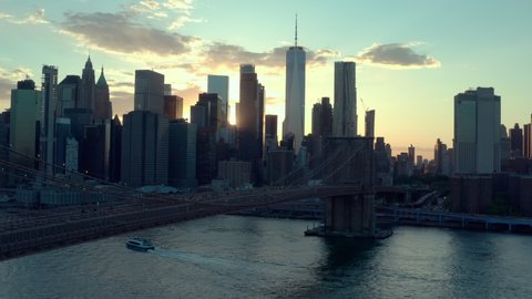 Aerial drone View ofi New York at sunset. USA