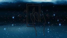 Digital animation of neon hand holding smartphone icon against shining stars on blue background. video game interface and technology concept