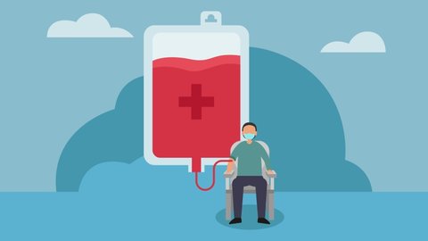 Young man animation wearing face mask while doing blood transfusion with blood bag in the clinic. Cartoon in 4k resolution