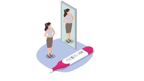 Unhappy woman animation standing with a negative pregnancy test and having infertility while imagine having pregnant and looking at the mirror. Cartoon in 4k resolution
