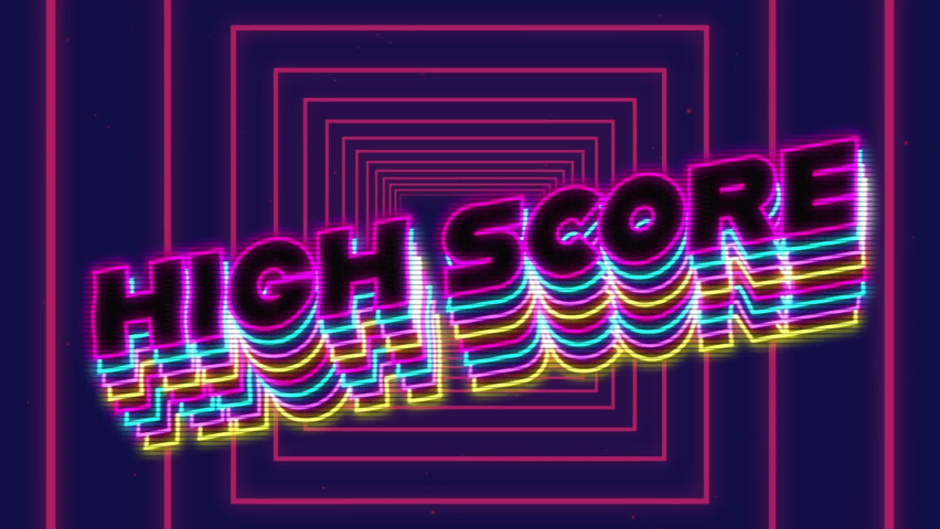Neon high score text with shadow effect against pink squares in seamless motion on blue background. video game interface and technology concept - Powered by Shutterstock - Get 15% off with code: PIKWIZARD15