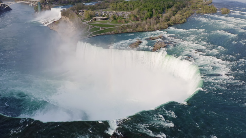 Aerial panorama of huge water flows down the waterfall, Horseshoe Water Fall in Niagara | Shutterstock HD Video #1077976862