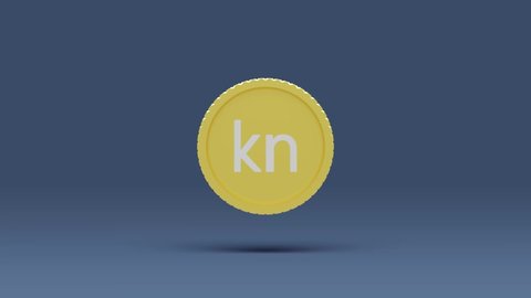 Currency icon animation 3d rendering. 3d animated Croatian kuna currency symbol spinning with shadow. Kuna currency golden coin animation video.