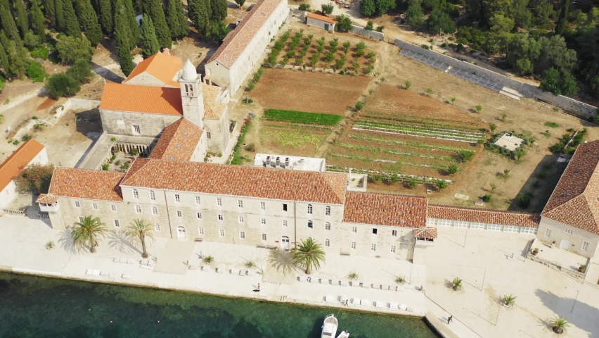 Aerial view of Franciscan monastery on Badija Island near  Korcula, Adriatic Sea, Croatia