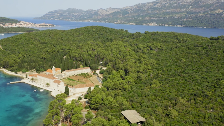 Aerial view of Franciscan monastery on Badija Island near  Korcula, Adriatic Sea, Croatia