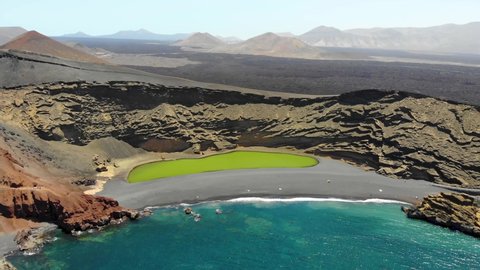 Lanzarote Island. Aerial view of Volcanic Lake and beach in El Golfo, Lanzarote, Canary Islands, Spain