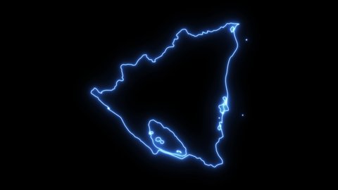 Neon shimmering blue map of Nicaragua country on black background.