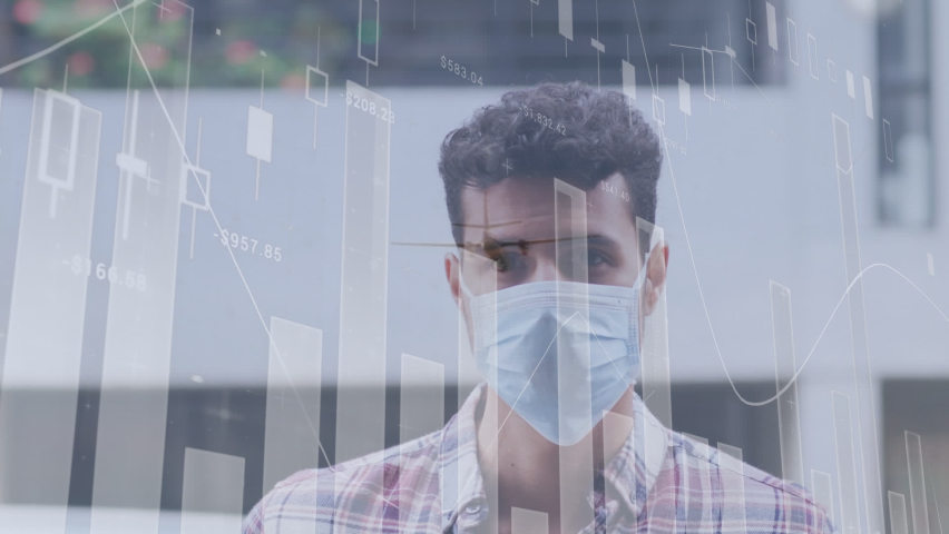 Statistical data processing against caucasian man wearing face mask on the street. coronavirus covid-19 pandemic concept