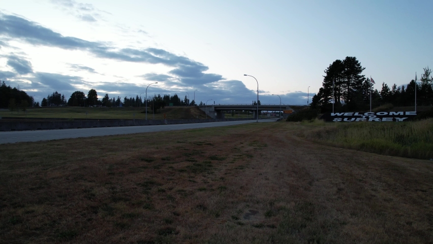 Vancouver, British Columbia - Canada. Calm traffic highway at dusk. Aerial view of an interchange at the city of Surrey. 