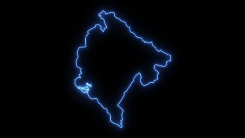 Neon shimmering blue map of Montenegro country on black background.
