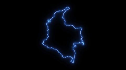 Neon shimmering blue map of Colombia country on black background.