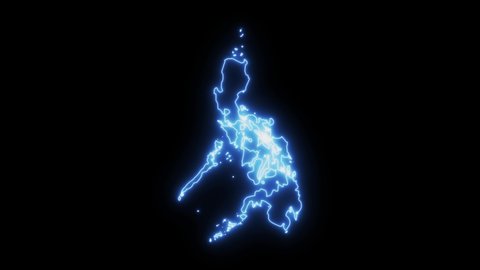 Neon shimmering blue map of Philippines country on black background.
