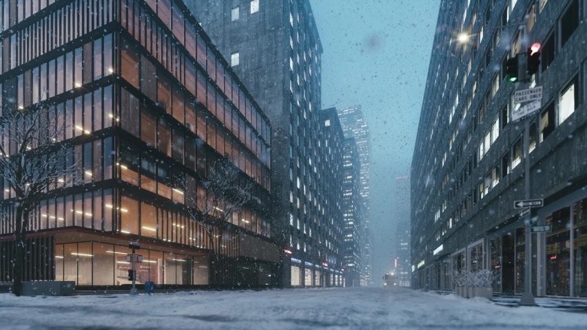 Snow in an empty city. Heavy snowfall in the city. Snowstorm in Manhattan. City with snow flakes. 3d visualization Royalty-Free Stock Footage #1077993914