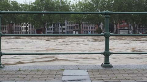 Liège, Belgium - July 16 2021: Flood of the Meuse river in the city of Liege