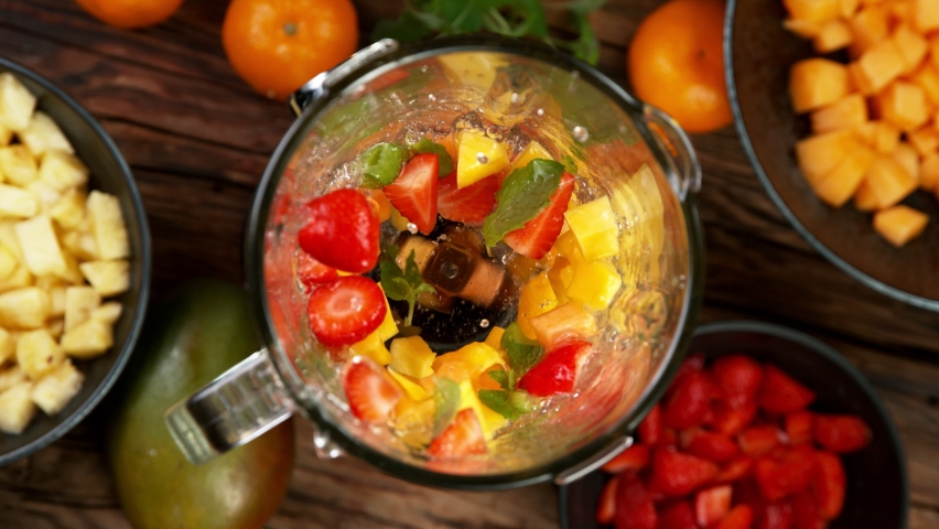 Super Slow Motion Shot of Blending Fresh Fruit Smoothie at 1000 fps.