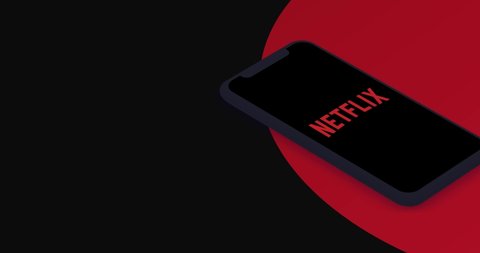 New York, USA - 1 August 2021: Netflix mobile app logo on phone screen animation with copy space, Illustrative Editorial