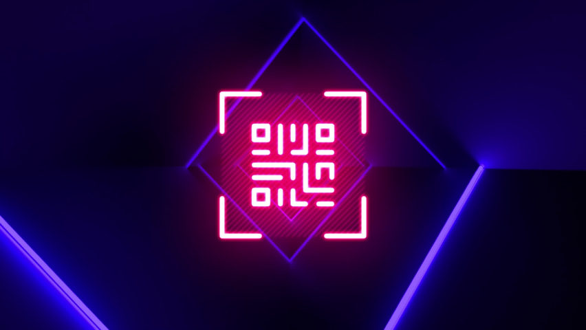 Digital animation of glowing neon pink qr code against glowing neon blue tunnel on black background. barcode identification and technology concept - Powered by Shutterstock - Get 15% off with code: PIKWIZARD15