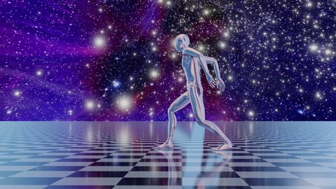 Chrome silver dancer dances on a checked floor with stars nebula and wormhole  tunnel moves behind. 3D Illustration