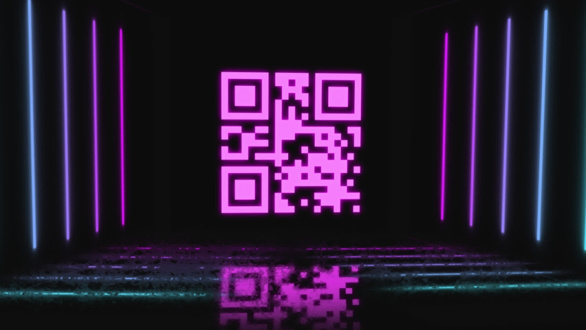 Digital animation of glowing neon pink qr code against glowing lines on black background. barcode identification and technology concept - Powered by Shutterstock - Get 15% off with code: PIKWIZARD15