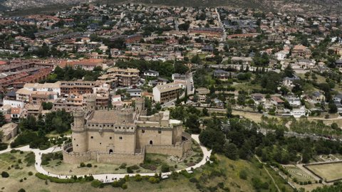 House of Mendoza. The New Castle of Manzanares in the Community of Madrid Spain. Seen here from a high angle birdseye view on the banks of the Santillana Reservoir.