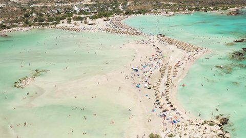 Aerial drone view of a beautiful sandy beach and crystal clear lagoons at Elafonissi, Crete, Greece