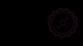 Glowing neon line Circular saw blade icon isolated on black background. Saw wheel. 4K Video motion graphic animation.