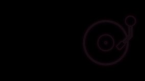Glowing neon line Vinyl player with a vinyl disk icon isolated on black background. 4K Video motion graphic animation.