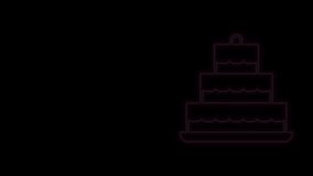 Glowing neon line Cake with burning candles icon isolated on black background. Happy Birthday. 4K Video motion graphic animation.