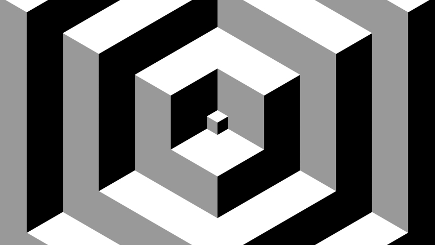 Black and white optical illusion. Op Art video. Cubes. Meditation footage. Looped motion. Psychedelic hypnotic transformation. Looping animation footage for design. Animated geometric footage. 4K	