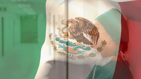 Digital composition of mexico flag waving over stressed caucasian female surgeon smiling at hospital. healthcare and medical concept. - Powered by Shutterstock - Get 15% off with code: PIKWIZARD15