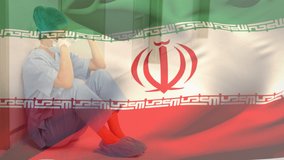 Digital composition of iran flag waving against stressed caucasian female health worker at hospital. healthcare and medical concept. - Powered by Shutterstock - Get 15% off with code: PIKWIZARD15
