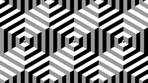 Black and white optical illusion. Op Art video. 3D pattern. Cubes. Meditation footage. Looped motion. Psychedelic hypnotic transformation. Looping animation footage. Animated geometric footage. 4K	
