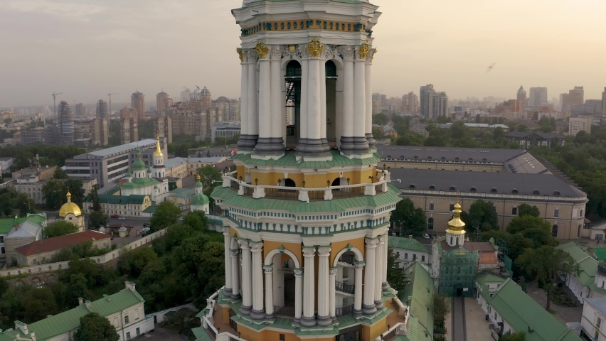 Magical aerial view of the Kiev Pechersk Lavra near the Motherland Monument. UNESCO world heritage in Kyiv, Ukraine. Kiev Monastery of the Caves.