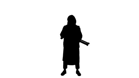 militant. black silhouette. clearly outlined black silhouette of male militant with a weapon in his hand, on a white background. War concept. Afghanistan.